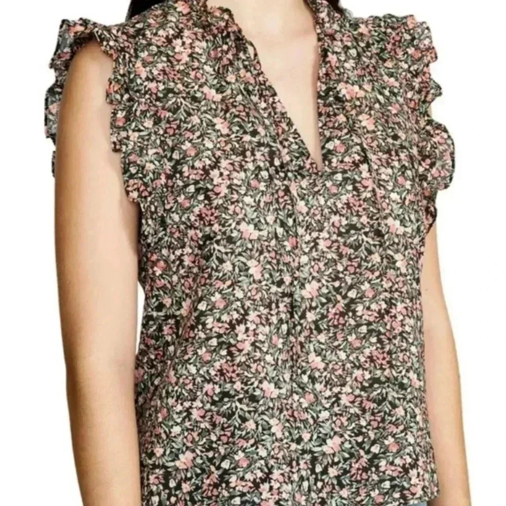 BB DAKOTA Steve Madden Meadow Blouse w Ruffles, SZ L Womens Floral‎ EUC
